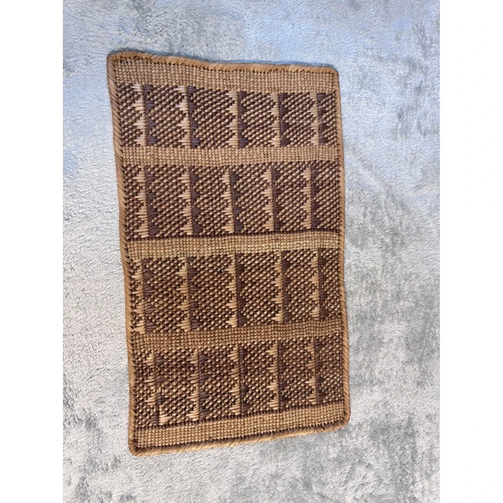 Hand Woven Basket and Mat Set Geometric Tribal Boho Decor Natural Fiber 2 Piece